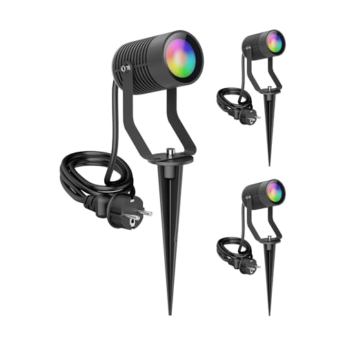 ledscom.de 3 Stück Gartenstrahler SHINGA mit Erdspieß für außen, IP65, Stecker, anthrazit, inkl. GU10 RGB Lampe, smart, 473lm, warmweiß -...