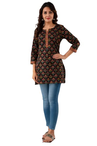 Image of Rapsodia Women Cotton Black Floral Printed Short Kurti, Jaipuri Gold Printed Tunic for Girls and Women's