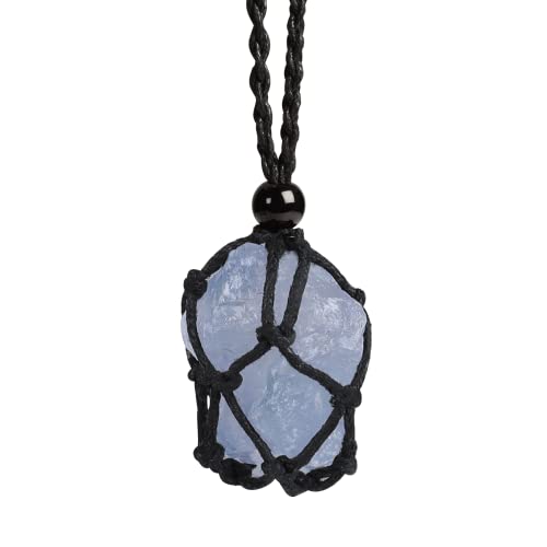 Anjiucc Natural Gemstone Crystal Raw Blue Celestite Pendant Necklace Stone Holder Necklace Cord Hand-Woven Necklace with Adjustable Length for Women Men