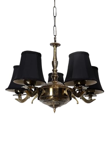 Image of Devansh 05 Lights Black Round Cotton Shade with Antique Golden Chandelier -J