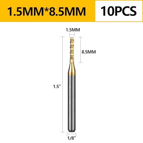 Image of Tools 10Pcs 1.5mm TiN Coating Solid Carbide End Mill Engraving Milling Cutter CNC Router Bits for PCB Machine, 1 /8 inch Shank 1BOX