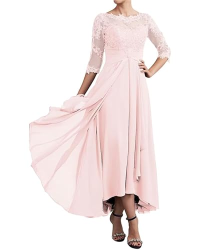 Image of GDJDIFK Mother of the Bride Dress - Pink Tea Length Formal Gown with Lace Applique 3 /4 Sleeve Ruched Waist for Wedding