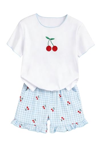 Image of Yoxindax Tween Girls Summer 2-Piece Outfit Set - Crew Neck Short Sleeve T-Cherry Print Shorts 7-14Y Summer Clothes