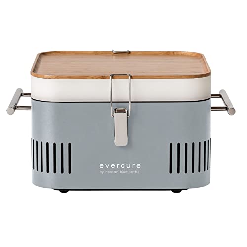 everdure by heston blumenthal Holzkohlegrill CUBE I mobiler Outdoor-Gril in Kakil I tragbarer Gourmet-Grill mit porzellanemaillierter Grillwanne I Camping-Grill mit Stauraum & Schneidebrett