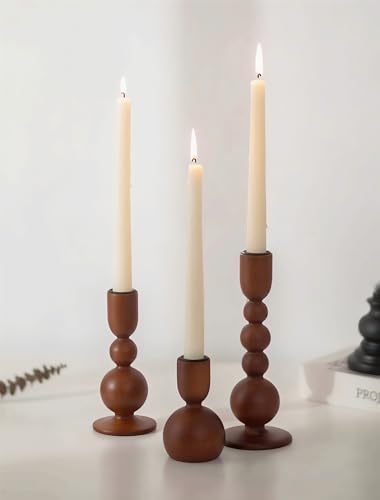 NUPTIO Wooden Taper Candle Holders Set of 3 Brown Candlesticks