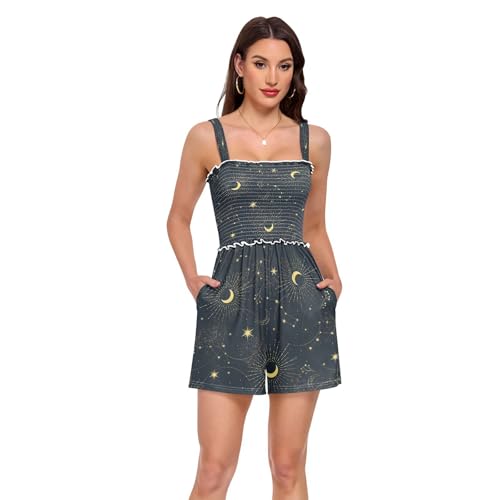 Barboteuse femme col carré pour vacances motif étoiles noir