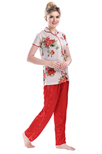 Image of Printed Night Suit for Women - Flower Print Satin Shirt and Pyjama Set (Front Open Collar Night Suit)