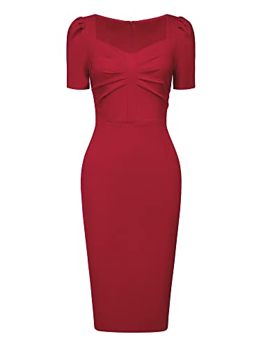 Hobemty Women's Sheath Dress Sweetheart Neck Puff Short Sleeve Vintage Pencil  Dress Small Red at Amazon Women's Clothing store