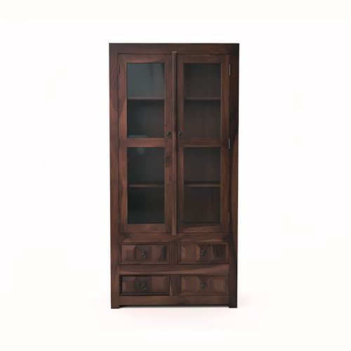 Image of SONA Art & Crafts Solid Wooden Book Shelf Cabinet with Glass Rack and Drawer Storage for Home & Office Living Room | Crockery Cabinet for Kitchen Library (Walnut Finish)