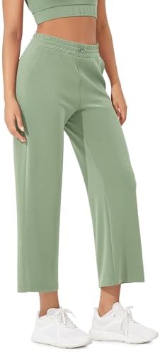 ODODOS Women's Modal Soft Wide Leg Cropped Pants with Pockets Adjustable Shockcord High Waist Casual Lounge Pants-25 Inseam, Fog Green, Small