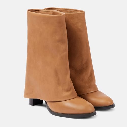 Women's Leather Fold Over Boots Mid Calf Wide Calf Round Toe Chunky Block Heel Ankle Boots Pull On Fashion Causal Short Boot Brown4