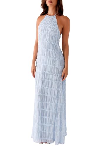 Image of Women Y2k Backless Long Dress Halter Tie Neck Maxi Dress Flowy Beach Sundress Summer Streetwear