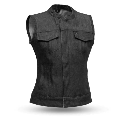 First Mfg Co Ludlow Women's Denim Vest: 14oz Raw Denim, Banded Collar, Zipper, Conceal Carry, Lightweight.