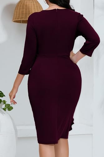 Image of Plus Size Dresses for Curvy Women 3 /4 Sleeve Bodycon Fit Ruffle Midi Pencil Dress