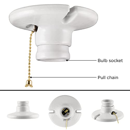 UltraPro Porcelain Light Socket with Pull Chain Light Fixture, Light Bulb Socket, Medium Base, Indoor Lighting, Mount on 3-1/4" or 4" Box, 250VAC/660W, UL Listed, White, 18303