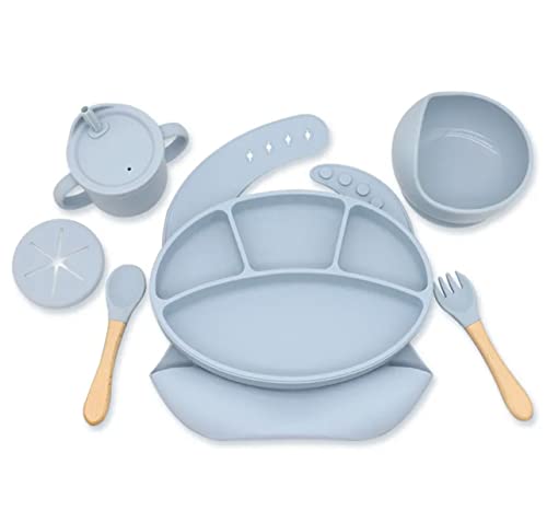 Baby Feeding 8 Piece Set | Baby Led Weaning Utensils Set Includes Suction Bowl, Suction Plate, Baby Spoon and Fork, Sippy Cup with Straw and Lid X2 | Baby Feeding Supplies Set (Blue)