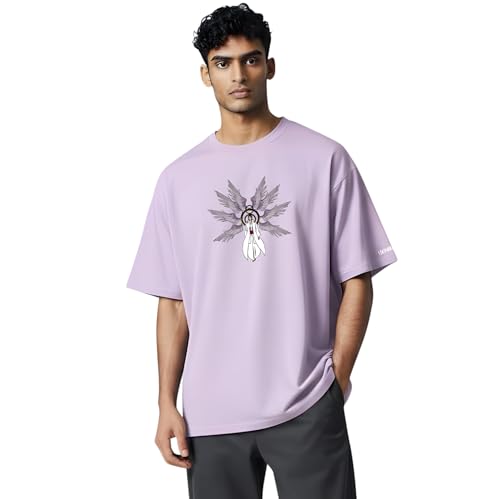 Image of Yume Men's Oversized Aizen Sosuke Anime Printed T-Shirt | 240 GSM Cotton Crew Neck Tee | Lavender & Black Beige Dual-Tone | Bleach Villain Merch | Long Length Drop Shoulder Streetwear (Black)