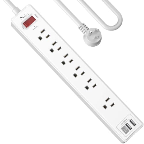 Image of 10Ft Power Strip Surge Protector - Nuetsa Extension Cord with 6 AC Outlets and 3 USB Ports for Home, Office, Dorm Essentials, 1680 Joules, ETL Listed, White