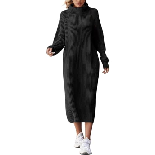 Strickkleid Damen Winter Mit Rollkragen Winterkleider Damen Elegant Lang Pulloverkleid Hochkragen Langarm Strickpullover Einfarbig Rippenstrick...