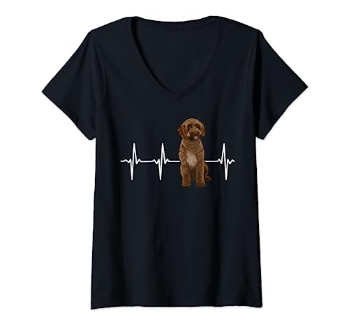 Womens Spanish Water Dog Heartbeat Dog Lover V-Neck T-Shirt, Black