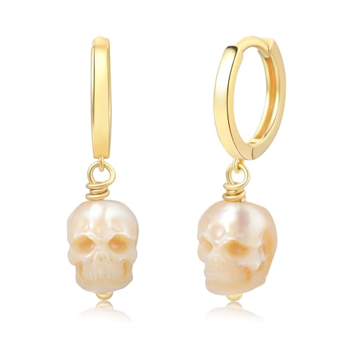 Gothic Skull Pearl Huggie Earrings - 14K Gold Plated Hand-Carved Pearls Statement Minimalist Punk Fashion Skull Jewelry for Women, men