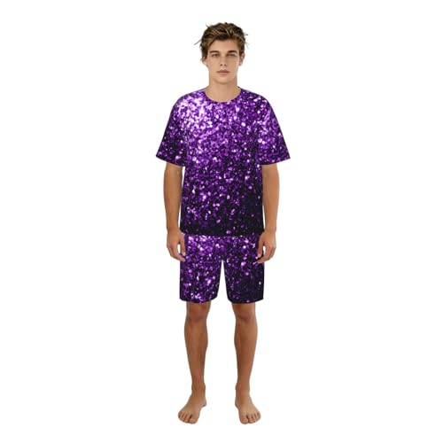 Pyjama court pour hommes violet imprimé d'été léger ensemble deux pièces décontracté