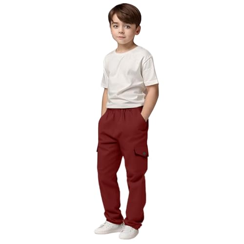 Boys Cargo Pants Casual Solid Color Elastic Waist Trousers with Multi Pockets Comfy Trendy Lounge Sweatpants 4-13Y