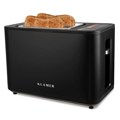 KLAMER Toaster mit Brötchenaufsatz, hochwertiger 2 Scheiben-Toaster, 6 Bräunungsgrade, Touch Display, mit Krümelschublade, Matt Schwarz