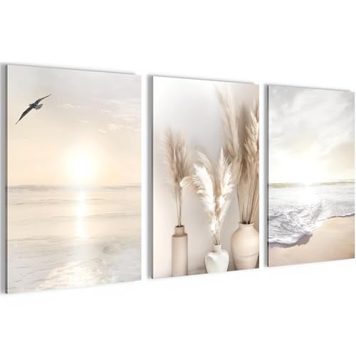Novart Bilder Set Strand Meer Boho - Kein Extra Rahmen benötigt - Wandbilder für Wohnzimmer Schlafzimmer Flur - 3 Teilig Deko Beige - N029436a