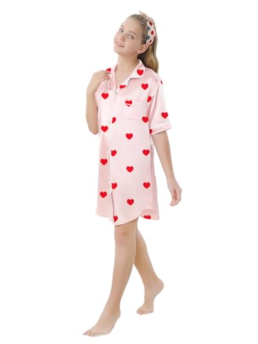 Image of Schbbbta Girls & Women Silk Nightgown, Short Sleeve Button Down Satin Nightshirt Pajama House Dress, 3 Years- Women 2XL