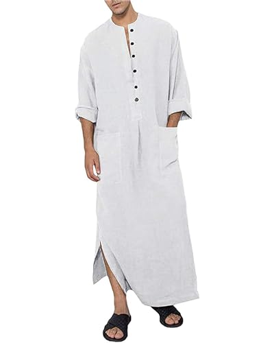 YAOHUOLE Kaftan Herren Lang Weiß Langarm Leinen M