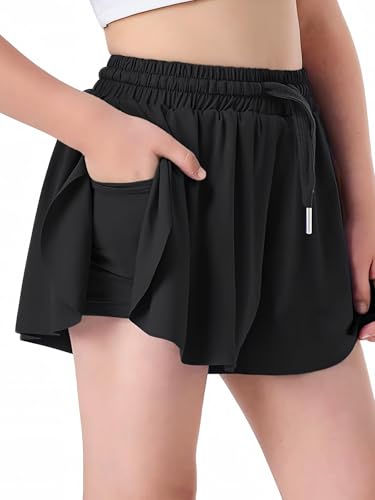 Hvididan Butterfly Shorts Girls 2 in 1 Flowy Shorts with Pocket Athletic Skorts for Girls Running Tennis Skirts Black 3-4T