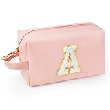 WEMVP Personalized Initial Makeup Bag with Handle, Preppy Cosmetic Bag with Inner Zipper Pocket, 8 9 10 11 12 13 14 Years Old Girl, Graduation Gifts for Teen Girls Women Teachers (A, Pink)