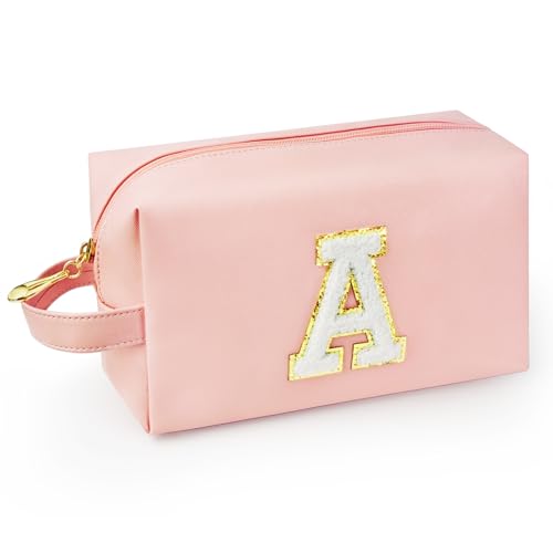 WEMVP Personalized Initial Makeup Bag with Handle, Preppy Cosmetic Bag with Inner Zipper Pocket, 8 9 10 11 12 13 14 Years Old Girl, Graduation Gifts for Teen Girls Women Teachers (A, Pink)