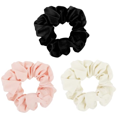 3 coleteros grandes para mujer, coleteros de seda negra, coleteros de satén de gran tamaño, coleteros para cabello grueso, coleteros blancos para niñas, accesorios para el cabello (negro, rosa, W