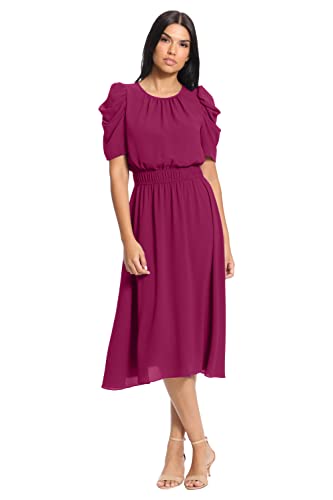 Image of London Times Women's Caterpillar Puff Sleeve Midi Dress - Gathered Waist A-Line Flowy Summer Dress
