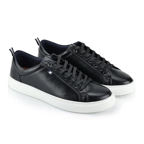 Image of Silver Street London Men's Holden Leather Trainers | Premium Cupsole Lace-Up Sneakers with Contrast Sole | Smart Casual Shoes Black
