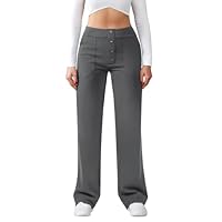 Friptspyg Pantalon Femme Taille Haute Large Bouton Jambe Droite Casual Travail Stretch de Yoga avec Poches,Gris XL
