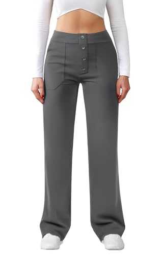 Friptspyg Hose Damen Hohe Taille Weite Hose Knopf Gerades Bein Hose Casual Arbeit Hose Stretch Yogahose mit Taschen, Dunkelgrau L Friptspyg Hose Damen Hohe Taille Weite Hose Knopf Gerades Bein Hose Casual Arbeit Hose Stretch Yogahose mit Taschen, Dunkelgrau L