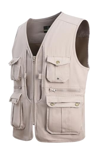 MeiLayM Herren Outdoor Weste Anglerweste mit Vielen Taschen Freizeit Jagd Herrenwesten Sommer Camping Multifunktionsweste Schnelltrocknend Ärmellos Jacke Fotografie Hundesport Weste Beige,XXL