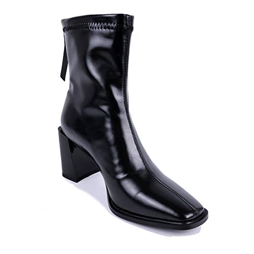 LEHOOR Women's Chunky Heel Ankle Boots Square Toe Back Zipper Patent Leather Mid Calf Booties High Block Heel Dress Mid Boots Casual Cute Winter Warm 4-11 M US 6