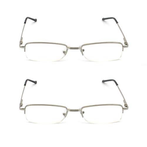 EYE ZOOM 2 Pairs Readers Metal Rectangle Half Rimless Reading Glasses with Soft Pouch for Men and Women, Silver 2.0 strenhth