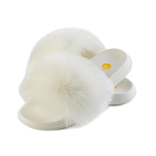 Image of Women's Faux Fur Slides, Open Toe Cute Fur Slippers, Indoor or Outdoor Comfortable Furry Slide Sandals With Fluffy Fur
