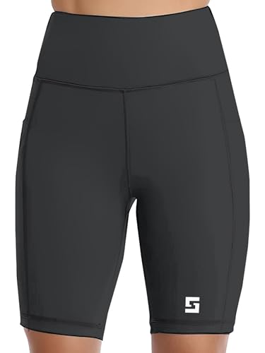 Image of Women's Polyester Stretchable Gym Shorts with Side Pockets High Waist Slim Fit Above Knee Length Activewear Tights Gym Fitness Cycling Running Yoga Shorts for Women
