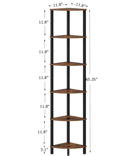 VIMBER Corner Shelf, 6-Tier Corner Bookshelf, Industrial Corner Ladder Shelf, DIY Storage Shelves, Rustic Display Shelf for Living Room, Bedroom, Kitchen, Home Office, Rustic Brown and Black UJSJ004F