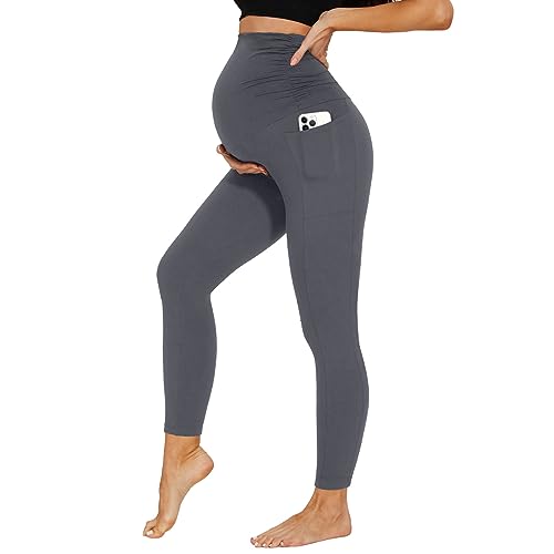 DDOBB Leggings premaman da donna con tasche, a vita alta, opachi, per gravidanza, morbidi, elastici, per la casa, lo yoga, lo sport, grigio scuro, M