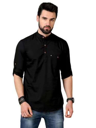 Image of DEEMOON Men's Cotton Blend Full Sleeve Short Kurta with Mandarin Collar Crafted from a Premium Cotton Blend