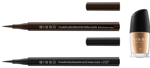 Ojos, Beauty Bissú Plumín Delineador de ojos punta fina, Resistente al agua (Café y Negro) + Regalo Sombra en Polvo (01 Dorado)