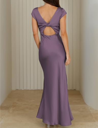 Image of Halfisland Womens Summer Satin V Neck Cap Sleeve Midi Dress Wedding Guest | 2026 Summer,Backless,Hollow Out,Long,Formal,Cocktail,Twist,Bridesmaid,Party,Baby Shower,Short Sleeve,Beach,Elegant,Evening