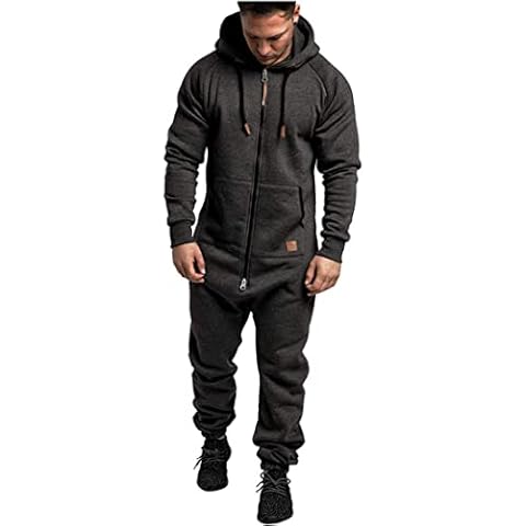 WHB Herren lässiger Jumpsuit Einteiler Overall Jogging Casual Sportanzug Hoodie Jogger Plüsch Sportanzug Freizeit Leichtathletik Trainingsanzug Anzug lose Playsuit (dunkelgrau,L) Cover